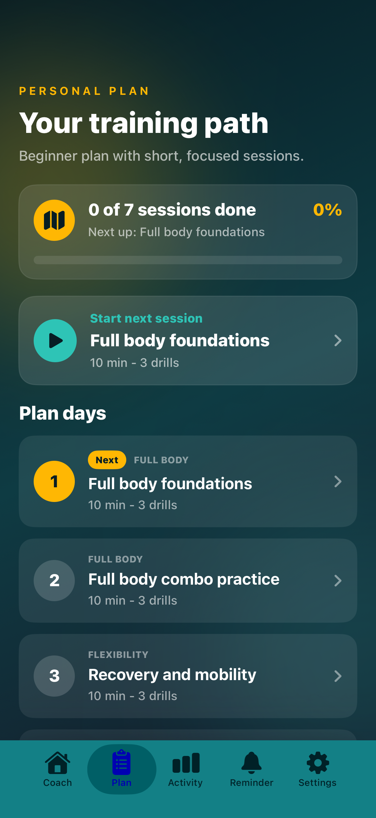 Training Plan Screen